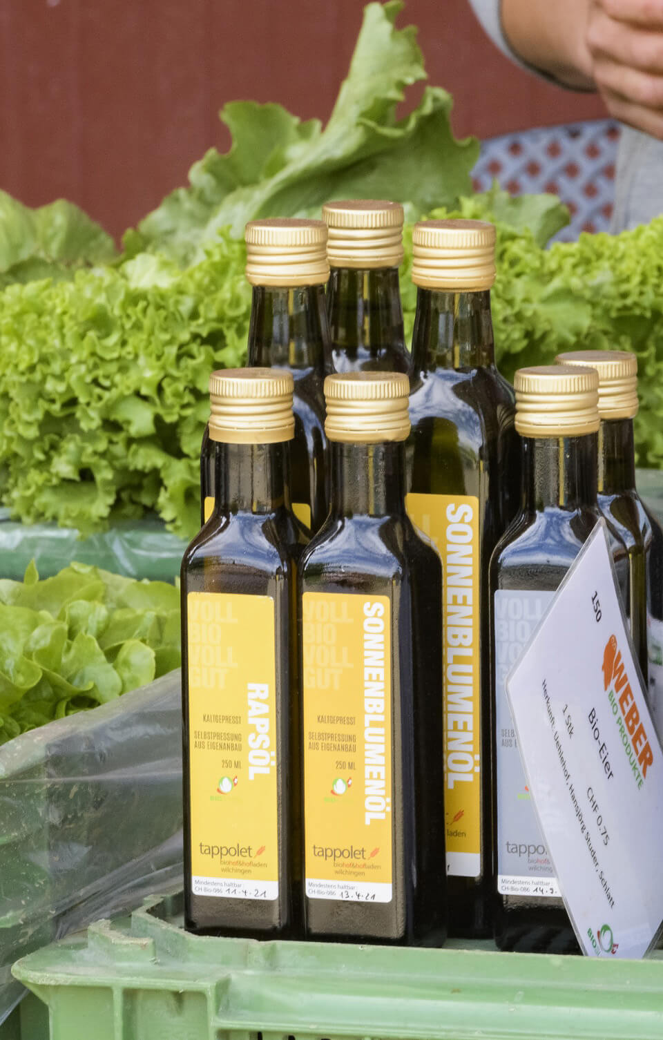 Flaschen mit Rapsöl und Sonnenblumenöl auf einem Marktstand zwischen Salatköpfen