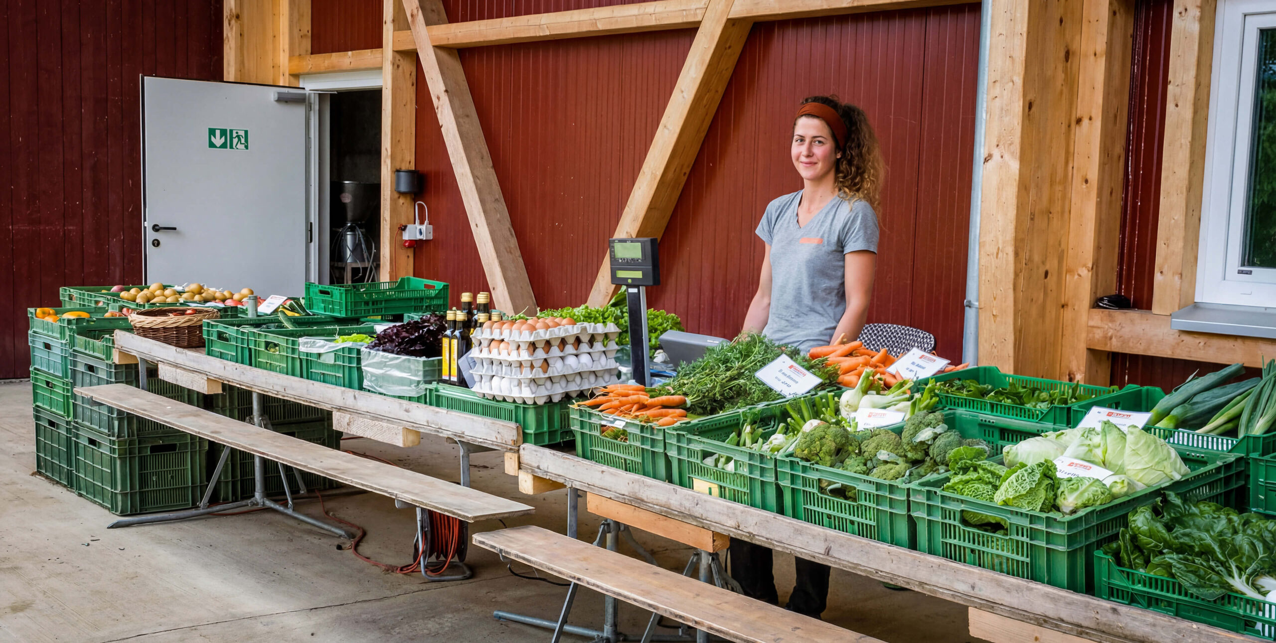 Bäuerin an einem Marktstand mit frischem Gemüse, Eiern und Kräutern